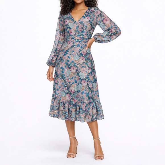 Dress the PopulationMetallic Floral Long Sleeve Midi Dress